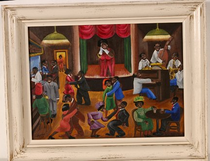 J.M. Ladore. Dancing At The Speakeasy.: J.M. Ladore. Dancing At The Speakeasy. 1948. Signed and dated. Oil on canvas panel. Excellent condition. Very strong work. Somewhat stereotypical depictions. Image is 16” w x 12”h. Frame is 20” 