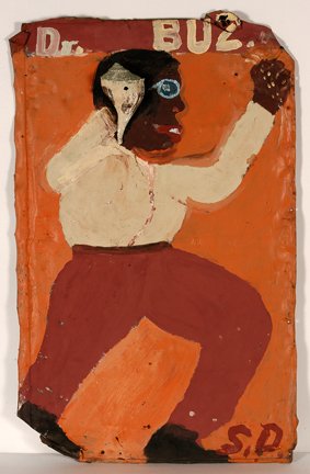 Sam Doyle. Dr. Buz.: Sam Doyle. Dr. Buz. Paint on found roofing tin with applied sea shell. Initialed on bottom. No date. Excellent environmental condition. 25” w x 40”h. A Slotin Auction Favorite! Provenance: The pri