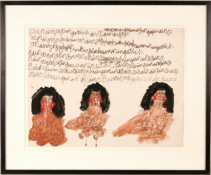Dwight McIntosh. 3 Brown Figures.: Dwight McIntosh. Three Brown Figures With Black Hair. 1980. Signed with his automatic writing. Ink, marker and tempera on paper. Image is 26” w x 20”h. Frame is 35” w x 29”h. Great condition. 