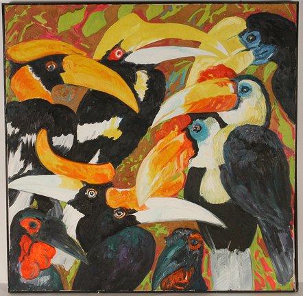 Hunt Slonem. Hornbills.: Hunt Slonem. Hornbills. 1986. Signed, dated and titled on verso. Oil on canvas. Excellent condition. 38” w x 38”h. Slonem (b. 1951) is a Neo-Expressionist.He is best known for his paintings of tro