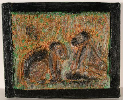 Elijah Pierce. Apes.: Elijah Pierce. Apes. 1982. Signed and dated. Painted wood relief with glitter and jewelled eyes. 13.5” w x 11.5” h. Property of the Columbus Museum of Art, Ohio. Sold to benefit the Acquisition Fu