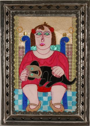 Rodolfo Morales. Seated Woman With Cat.: Rodolfo Morales (1925-2001). Seated Woman With Cat. Not dated. Signed. Mixed fabric and other material attached to cloth backing. Excellent condition. Image is 14” w x 21”h. Frame is 18” w x 25�