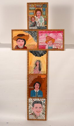 Howard Finster. Friendly Walls Of The Artists.: Howard Finster. Friendly Walls Of The Artists Work. Large cross made by framing together six 10” x 13”works. Each is dated 1981, and numbered, 2,057-2,062. Artist wood burned frame. Signed and wri
