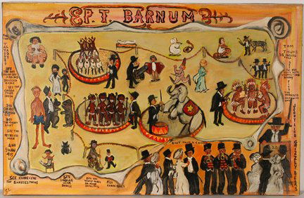Emily Lunde. P.T. Barnum Circus Scene.: Emily Lunde. P.T. Barnum Circus Scene. Initialed. Not dated. Oil on canvas. Excellent condition. 37” w x 24” h. Est. $1,000-2,000. Ship: $75