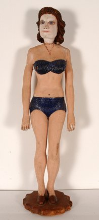Clarence Stringfield. Bathing Beauty.: Clarence Stringfield. Bathing Beauty. c. 1950’s. Carved and painted wood. Signed. Faded paint on face. Natural wood split in face and arm and minor paint wear, otherwise good condition. 26.5” h x
