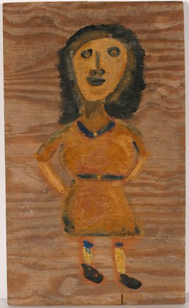 Jimmy Lee Sudduth. Girl In Brown Dress.: Jimmy Lee Sudduth. Girl In Brown Dress. Mostly mud and some paint on found board. Signed. Excellent condition. 17” w x 28.5” h. Provenance: The Ted Oliver Collection. Est. $400-600. Ship: $55