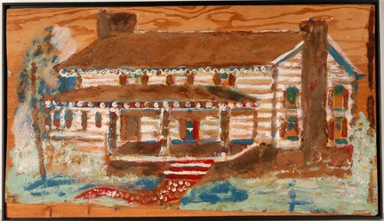 Jimmy Lee Sudduth. Large Log Cabin.: Jimmy Lee Sudduth. Large Log Cabin. Signed. Heavy mud and paint on board. Excellent condition. 44” w x 26”h. Est. $600-800. Ship: $100