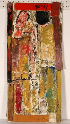 Purvis Young. Front and Back Figures.: Purvis Young. Front and Back Figures. Not dated. Signed. Paint on masonite and wood. Excellent condition. 22” w x 48”h. Est. $1,000-2,000. Ship: $55