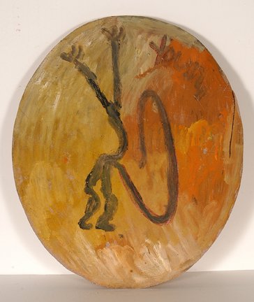 Purvis Young. Powerful Central Figure.: Purvis Young. Powerful Central Figure. Signed. Not dated. Paint on found oval board. Excellent condition. 16” x 19”. Est. $800-1,200. Ship: $45