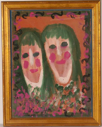 Sybil Gibson. Twins: Sybil Gibson. Twins. 1993. Signed. Watercolor on brown grocery bag. Excellent condition. Size with frame is 17.5” w x 22”h. Est. $800-1,200. Ship: $45