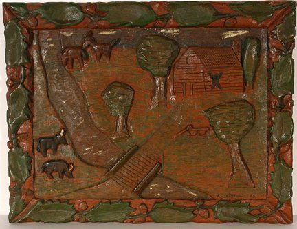 Albert Hoffman. The Old Homestead: Albert Hoffman. The Old Homestead. Not dated. Signed. Wood-relief carving with some paint. Excellent condition. 20” w x 15.5” h. Est. $800-1,200. Ship: $45