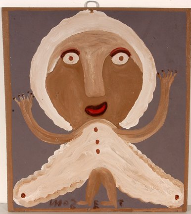 Mose Tolliver. Early Moose Lady.: Mose Tolliver. Early Moose Lady. Signed. Not dated. Paint on masonite. Excellent example. 13” w x 15”h. Est. $800-1,200. Ship: $35