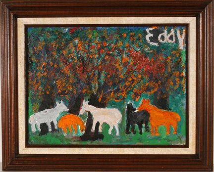 Eddy Mumma. Grazing Horses In Tree Grove.: Eddy Mumma. Grazing Horses In Tree Grove. Signed. Not dated. Gouache on canvas board. Size with frame is 21” w x 17”h. Provenance: ex. Luise Ross Gallery. Est. $600-900. Ship: $35