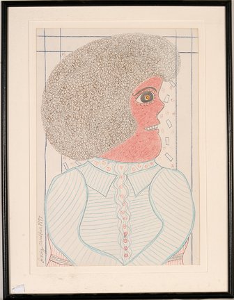 Inez Nathaniel Walker. Red Face Woman.: Inez Nathaniel Walker. Red Face Woman. 1977. Signed and dated. Colored pencil and crayon on paper. Excellent condition. Image is 13” w x 19”h. Frame is 18” w x 24”h. Est. $500-800. Ship: $45