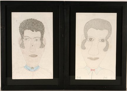Inez Nathaniel Walker. Man & Wife Portraits.: Inez Nathaniel Walker. Man and Wife Portraits. Very early example. Colored pencil and graphite on back of typed prison reports. Excellent condition. Important examples. Each image is 8.5” w x 14”h