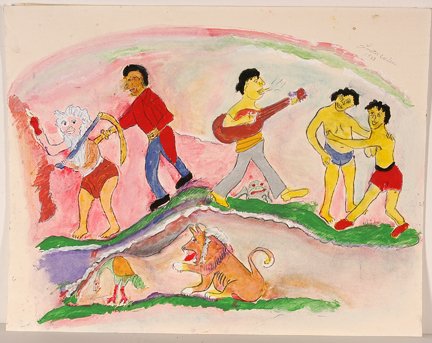 Luster Willis. Killing Father Time With A Party.: Luster Willis. Killing Father Time With A Party. 1983. Signed and dated. Paint on poster. Excellent condition. 28” w x 22” h. Est. $400-600. Ship: $55