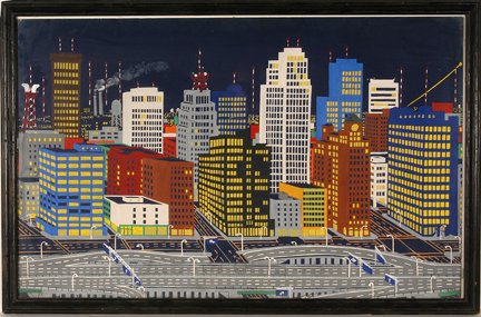James Easons. Late Night In Downtown Rochester.: James Easons. Late Night In Downtown Rochester. c. 1970’s. Not signed or dated. Poster paint on heavy paper. Excellent condition. 45” w x 28”h. New Discovery! African American Artist. Lot includ