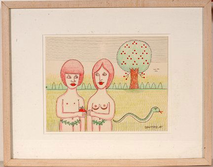 Jack Savitsky. Adam and Eve.: Jack Savitsky. Adam and Eve. 1985. Signed and dated. Colored pencil on paper. Excellent condition. Image is 11” w x 8.5”h. Frame is 19” w x 15”h. Provenance: The Lynne Ingram Collection. Est.
