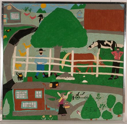 Floretta Warfel. Penn Amish At Home.: Floretta Warfel. Penn Amish At Home. Initialed. Not dated. Embroidery pen on bedsheet. Excellent condition. 32” w x 22”h. Provenance: The George and Sue Viener Collection. Est. $200-400. Ship: $55