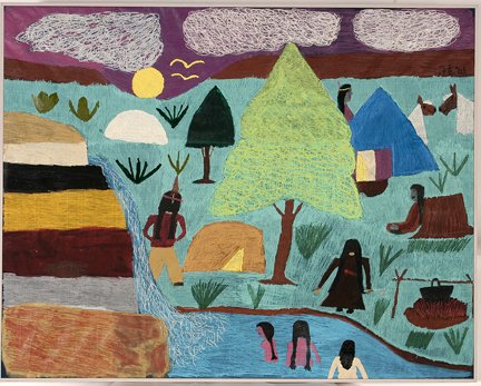 Floretta Warfel. Indian Life.: Floretta Warfel. Indian Life. Initialed. Not dated. Fabric paint on cotton bed sheet. Excellent condition. Size with frame is 42” w x 33”h. Provenance: The George and Sue Viener Collection. Est. $