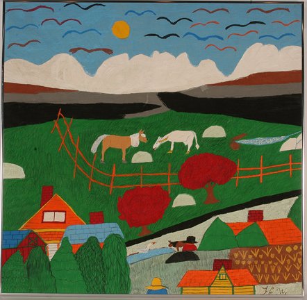 Floretta Warfel. Horse and Cow In Pasture.: Floretta Warfel. Horse and Cow In Pasture. Initialed. Not dated. Embroidery pen on bedsheet. Excellent condition. 37” x 27”. Provenance: The George and Sue Viener Collection. Est. $200-400. Ship: 