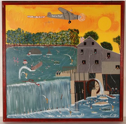 Benny Carter. Having Fun At Yates Mill.: Benny Carter. Having Fun At Yates Mill. Signed and titled. Not dated. Oil on canvas. Excellent condition. 38” w x 38” with frame. Est. $400-800. Ship: $100