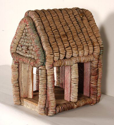 Clarence Woolsey. Bottlecap Bird House.: Clarence Woolsey. Bottlecap Bird House. Not signed or dated. Bottlecaps, paint, glitter on wood frame. Great condition. 13” x 11”x 17”h. Provenance: The Kelly Ludwig Collection. Est. $1,000-1,50