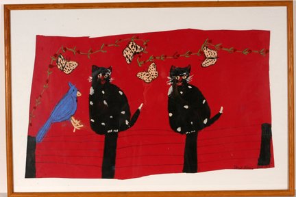 Hazel Kinney. 2 Cats On A Fence.: Hazel Kinney. Two Cats On A Fence. 1993. Signed and dated. Paint on odd shaped paper. Excellent condition. Image is 30” w x 19”h. Frame is 37” w x 25”h. Est. $200-400. Ship: $75