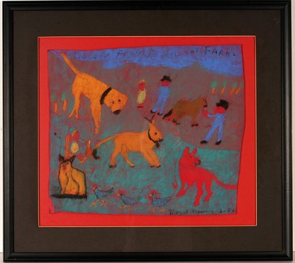Hazel Kinney. Down Home On The Farm.: Hazel Kinney. Down Home On The Farm. 1993. Signed, dated and titled. Pastel on paper. Excellent condition. Image is 20” w x 17”h. Frame is 31” w x 28” h. Est. $100-300. Ship: $55