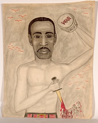 John Robert Ellis. War.: John Robert Ellis (aka Black Jesus Christ, Jr.). War. Signed. Not dated. Crayon and graphite on paper. Excellent condition. 10.5” w x 14”h. Provenance: The Andy Nasisse Collection. Est. $200-300. 