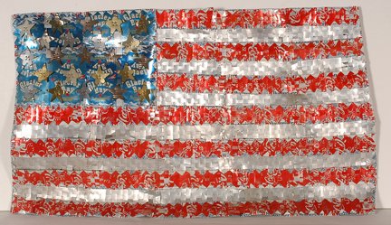 Ross Palmer Beacher. American Flag, #8.: Ross Palmer Beacher. American Flag, #8. 1990. Signed, dated and titled. Aluminum coke and beer cans woven together. Excellent condition. 38” w x 22”h. Est. $200-400. Ship: $55
