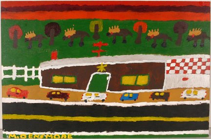 Merrill Densmore. Moose & The Highway.: Merrill Densmore. Moose And The Highway. 2004. Signed. Paint on masonite. Minor paint rubs, otherwise good condition. 24” w x 16”h. Provenance: The Kelly Ludwig Collection. Featured on page 104 of