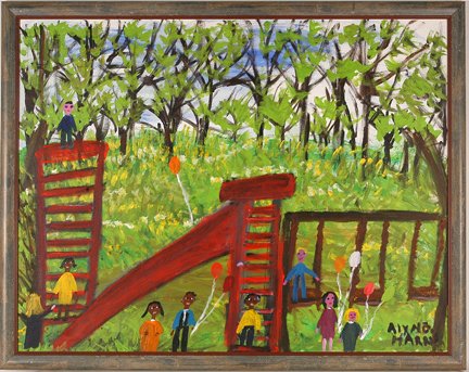 Alyne Harris. Playground.: Alyne Harris. Playground. Acrylic on canvas. Signed. Not dated. Size with frame is 50” w x 39.5”h with frame. Excellent condition. Est. $300-500. Ship: $150