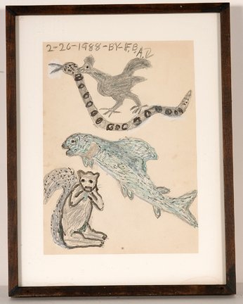 Felipe Archuleta. Roadrunner, etc.: Felipe Archuleta. Roadrunner, Snakes, Fish, Squirrel. 1988. Intialed and dated. Graphite and marker on paper. Excellent condition. Size with frame is 11” w x 15”h. Provenance: The Private Collecti