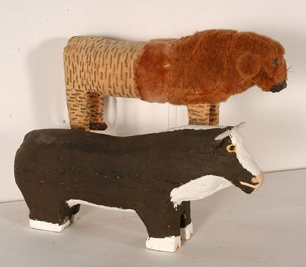 Dan Hot & Woody Herbert. Mountain Lion & Bull.: Dan Hot and Woody Herbert. Mountain Lion and Bull. Not signed and dated. Carved and painted wood with fabric covering. Excellent condition. Average size is 7.5” x 16”. Est. $200-400. Ship; $45