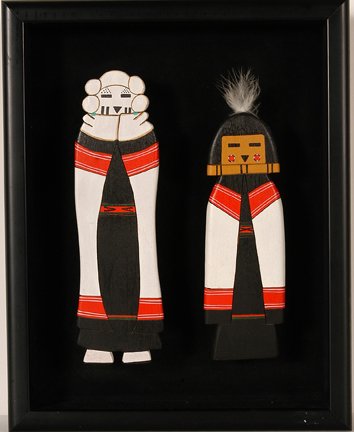 Native American. Flat Kachina Dolls.: Anonymous Native American. Flat Kachina Dolls. Not signed or dated. Carved and painted wood. Excellent condition. Nice box frame. 12” x 15” x 2”. Est. $100-200. Ship: $35