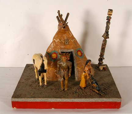 Native American Teepee Scene.: Anonymous. Native American Teepee Scene. Mixed media on board diorama. Good to fair condition. 15” x 15” x 12”h. Est. $100-150. Ship: $55