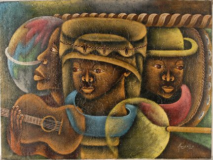 Marcel Allay. 3e Musicians.: Marcel Allay. Three Musicians. Signed. Not dated. Oil on canvas. Excellent condition. 40” w x 30”h. Est. $200-400. Ship: $125