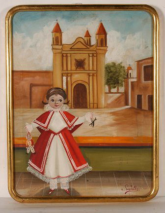 Agapito Labios. Girl In Red Sunday Best.: Agapito Labios. Girl In Red Sunday Best. Signed. Not dated. Oil on canvas. Excellent condition. Size with frame is 19” w x 25”h. Est. $800-1,200. Ship: $45