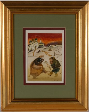 K. Vaskin (St. Pete, Russia). Man Vs. Bear.: K. Vaskin (St. Pete, Russia). Man Vs. Bear. 1994. Watercolor on paper. Excellent condition. Image is 7” w x 9.5” h. Frame is 16” w x 20”h. Provenance: The Ted Oliver Collection. Est. $100-200.
