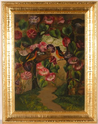 Jeannie L. Boyd. Orioles & Morning Glories.: Jeannie L. Boyd. Baltimore Orioles & Morning Glories. 1906. Signed and dated. Oil on canvas. Professionally re-lined and repaired, otherwise great condition. Size with frame is 23” w x 29”. Proven