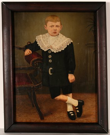 A.J. Growther. Boy In Sunday Best.: A.J. Growther. Boy In Sunday Best. 1904. Signed and dated. Oil on canvas. Early repair to tear, otherwise good condition. Size with frame is 19” w x 24”h. Est. $200-300. Ship: $45