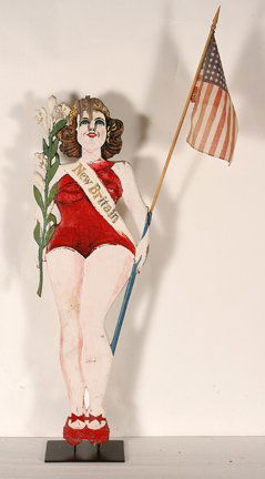 Yard Flag Holder. Miss New Britain.: Anonymous Yard Flag Holder. Miss New Britain. c. 1940’s. Carved and painted wood with metal hardware. Environmental wear to paint and some loss, otherwise good condition. 36” h x 12” w. Est. $30