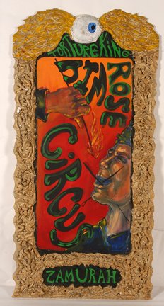 Circus Sign. Jim Rose Torture King.: Anonymous Circus Sign. Jim Rose Torture King. Paint on board with bondo frame and nails. Great condition. 23” w x 47”h. Est. $200-300. Ship: $100