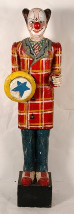 Circus. Life-Sized Clown Figure.: Anonymous Circus. Life-Sized Clown Figure. Not signed or dated. Carved and painted wood. Excellent condition. 74”h x 22” x 22”. Est. $400-600. Buyer is responsible for shipping.