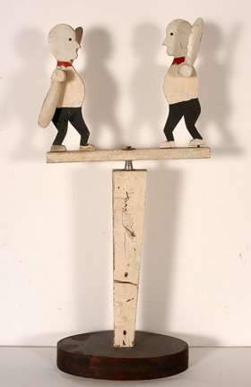 Anonymous Whirligig Boxers.: Anonymous Whirligig Boxers. c. 1940’s-50’s. Not signed or dated. Jigsaw cut wood with paint with metal hardware. Great condition. 26”h x 12” x 6”. Est. $200-400. Ship: $55