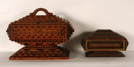 Tramp Art Pair of Pyramid Boxes.: Tramp Art Pair of Pyramid Boxes. Not signed or dated. Carved and chipped wood. Excellent condition. Largest is 9” x 12” x 9”. Provenance: The Clifford Wallach Collection. Est. $200-300. Ship: $5