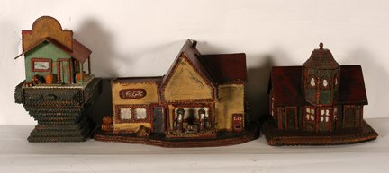 Hermitage Group Tramp Art. Buildings.: Hermitage Group Tramp Art. Buildings and Homes. Carved and painted wood. Excellent condition. Largest is 18” x 9” x 9”. Provenance: The Clifford Wallach Collection. Est. $400-600. Ship: $85