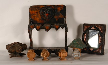 Hermitage Group Tramp Art. Box Lot.: Hermitage Group Tramp Art. Box Lot of Eight Items. Not dated. Carved and chipped wood with paint. Great condition. Tallest is 16”h. Prov.: The Clifford Wallach Collection. Est. $200-300. Ship: $55