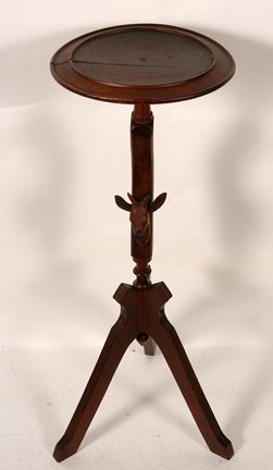 Adirondack Stand w Deer Head Carving.: Anonymous Adirondack Stand With Deer Head Carving. Carved and stained wood. Repair to split on top of stand, otherwise good condition. 32”h x 14” diameter. Est. $100-200. Ship: $75
